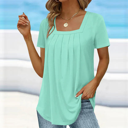 Square Neck Solid Color Short Sleeve T-Shirt