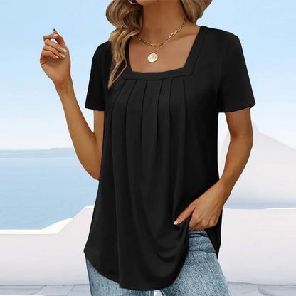 Square Neck Solid Color Short Sleeve T-Shirt