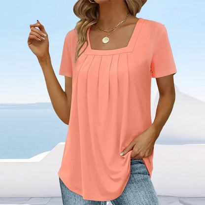 Square Neck Solid Color Short Sleeve T-Shirt