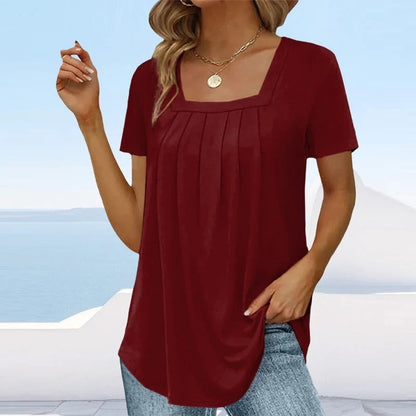 Square Neck Solid Color Short Sleeve T-Shirt